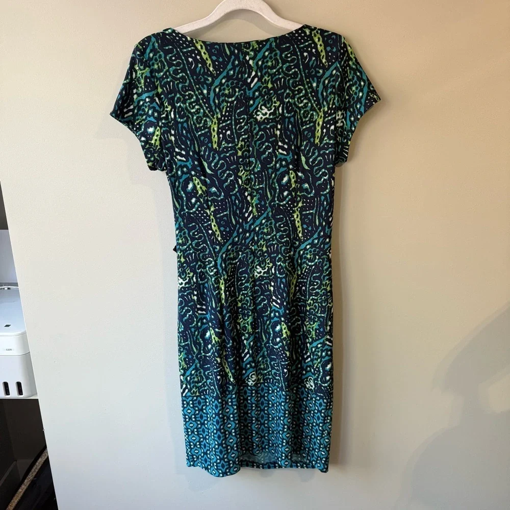 Taylor Blue and Black Ruched Wrap Midi Dress